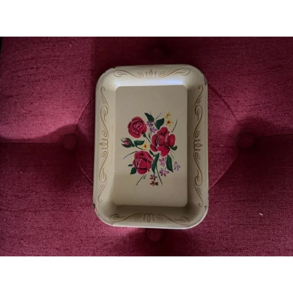Vintage Metal Trinket Tray Red Rose Floral Hand Painted Jewelry Dish Catchall
